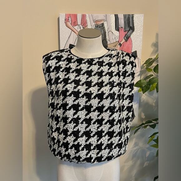 NWT Express Dressy Sequined Houndstooth Cropped Sleeveless Party Top Size Small - Picture 1 of 9